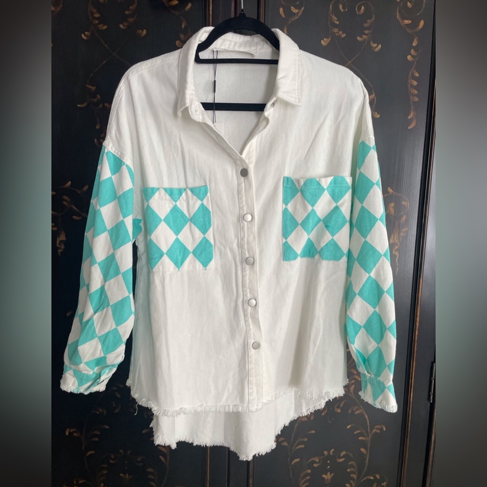 White and Turquoise Check Denim Top Jacket. Sm. Runs big